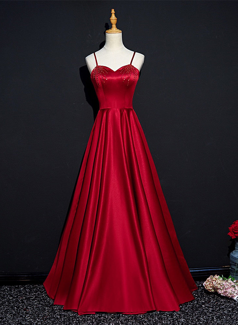 Wine Red Satin Beaded Sweetheart Party Dress