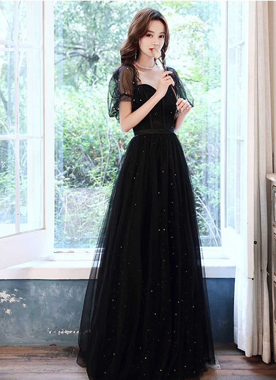 Black Off Shoulder Tulle Long Party Dress