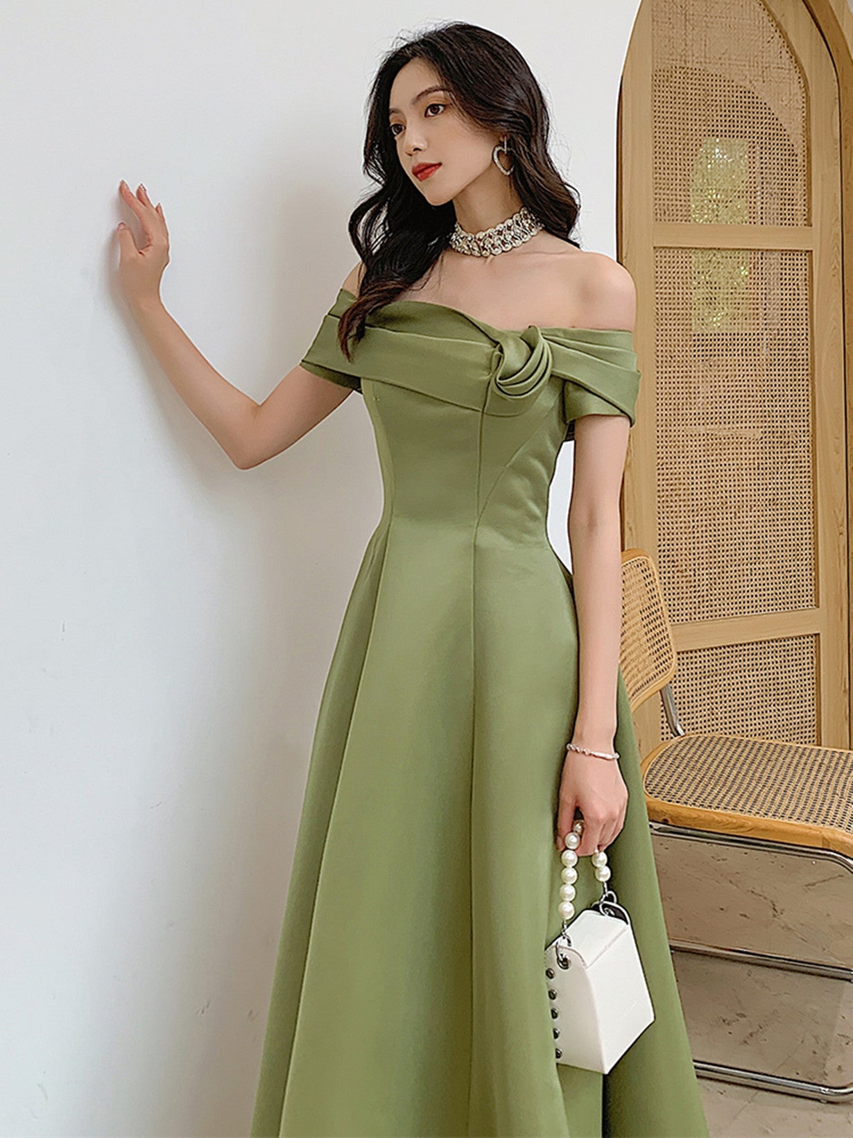 A-line Green Satin Off Shoulder Long Party Dress