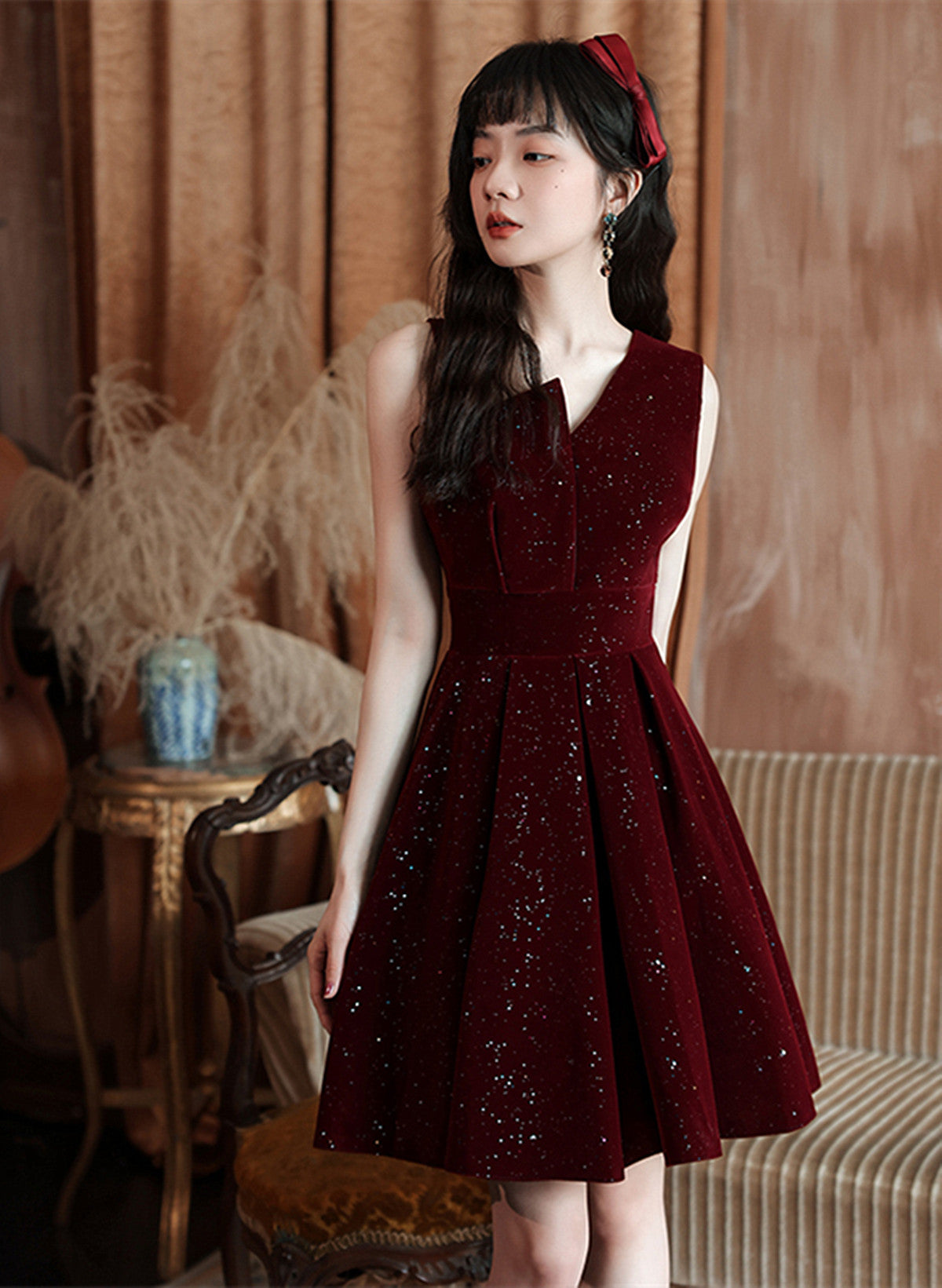 Vestido de fiesta corto de terciopelo rojo vino Vestido de regreso a casa 