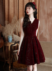 Vestido de fiesta corto de terciopelo rojo vino Vestido de regreso a casa 