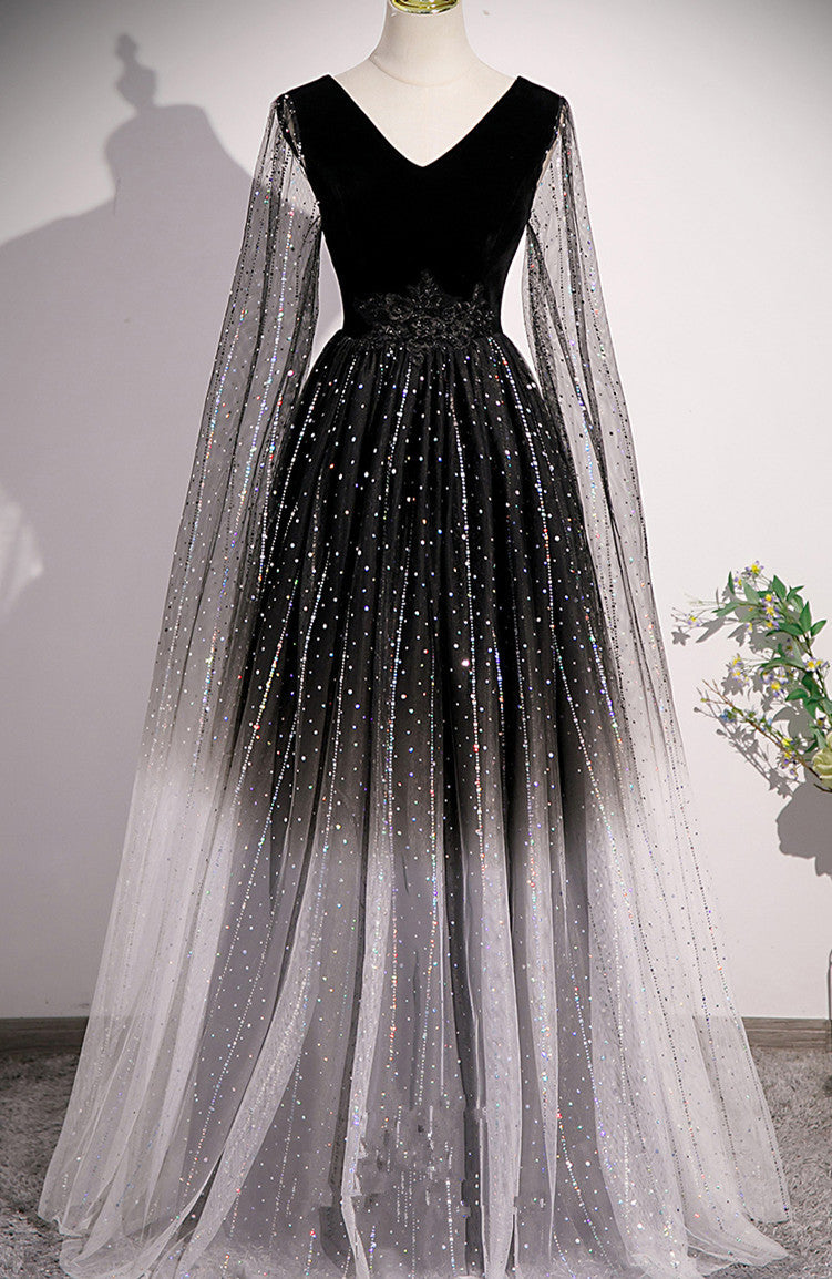 Vestido de fiesta de tul negro brillante con degradado y escote en V 