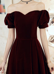 Wine Red Velvet Tea Length Off Shoulder Party Dress