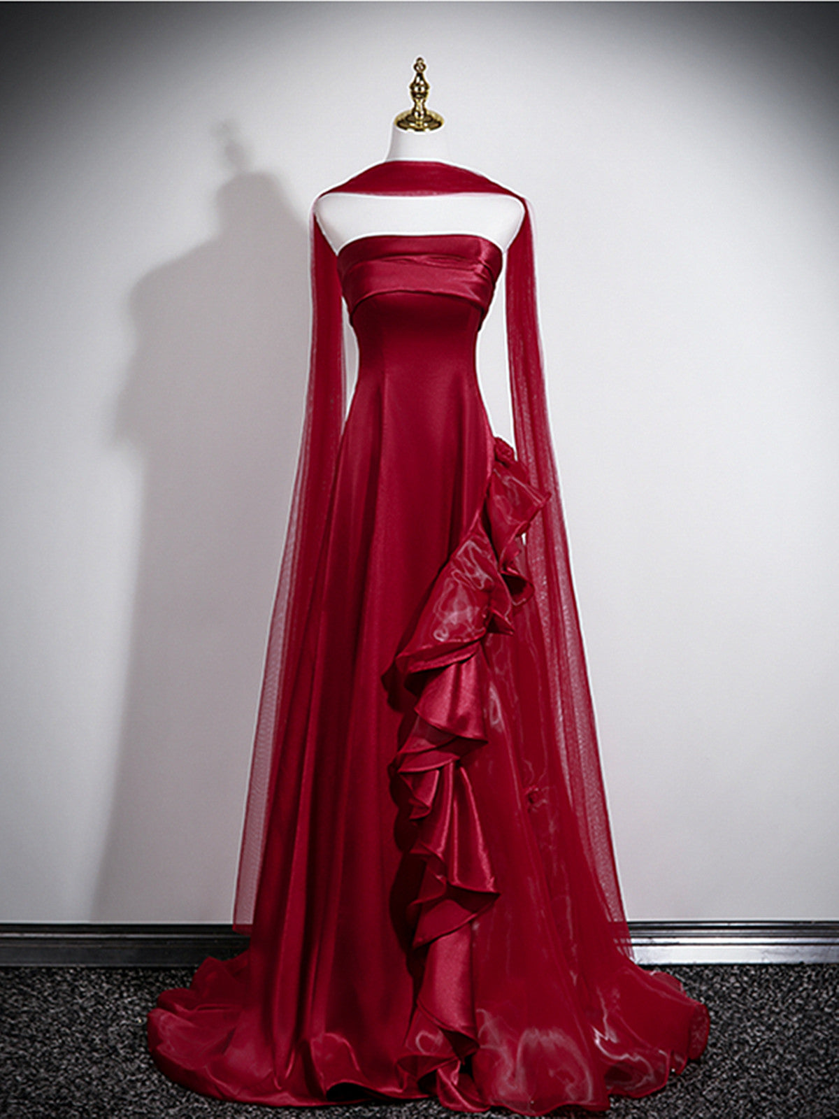 Strapless Wine Red Formal Gown With Organza Skirt