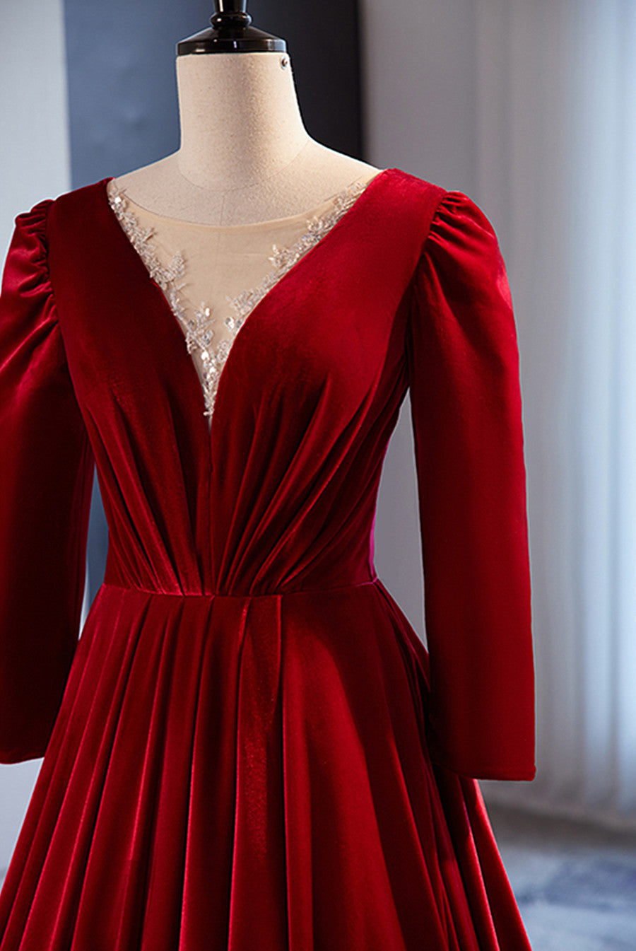Wine Red Velvet Long Sleeves See Through Prom Dress