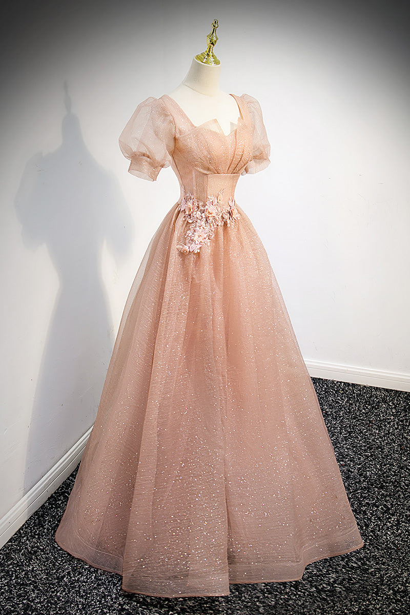 Vestido de fiesta de tul rosa con mangas cortas 