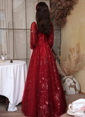 Vestido de fiesta de tul rojo vino con mangas abullonadas y tul brillante 
