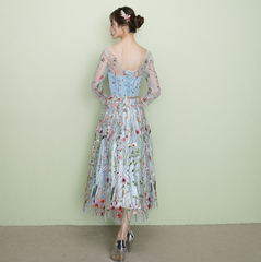 Light Blue Tea Length Lace Floral Wedding Party Dress