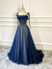 Vestidos de fiesta largos con tirantes de tul azul marino brillante 