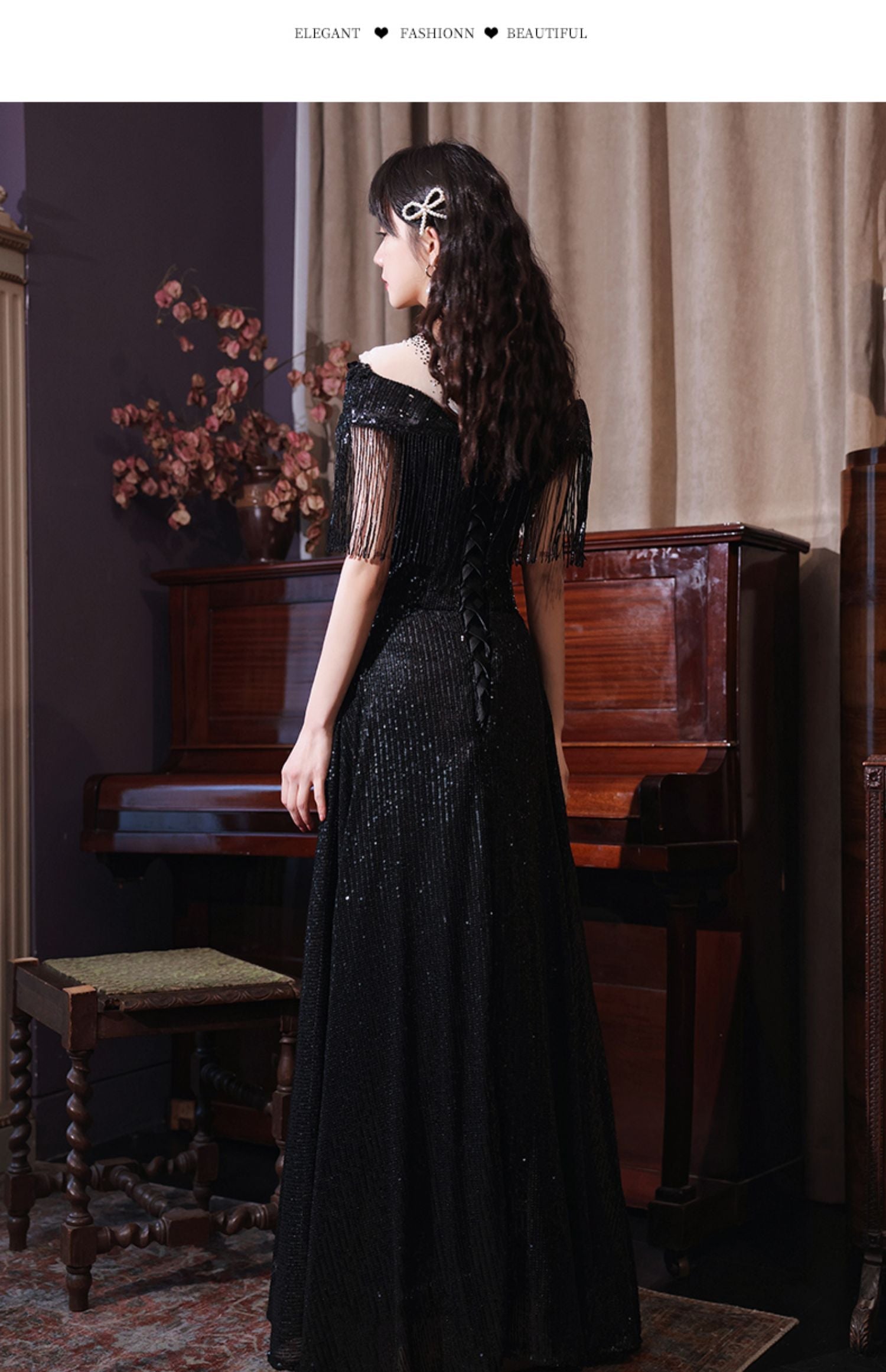 Black Sequins and Lace A-line Prom Dress