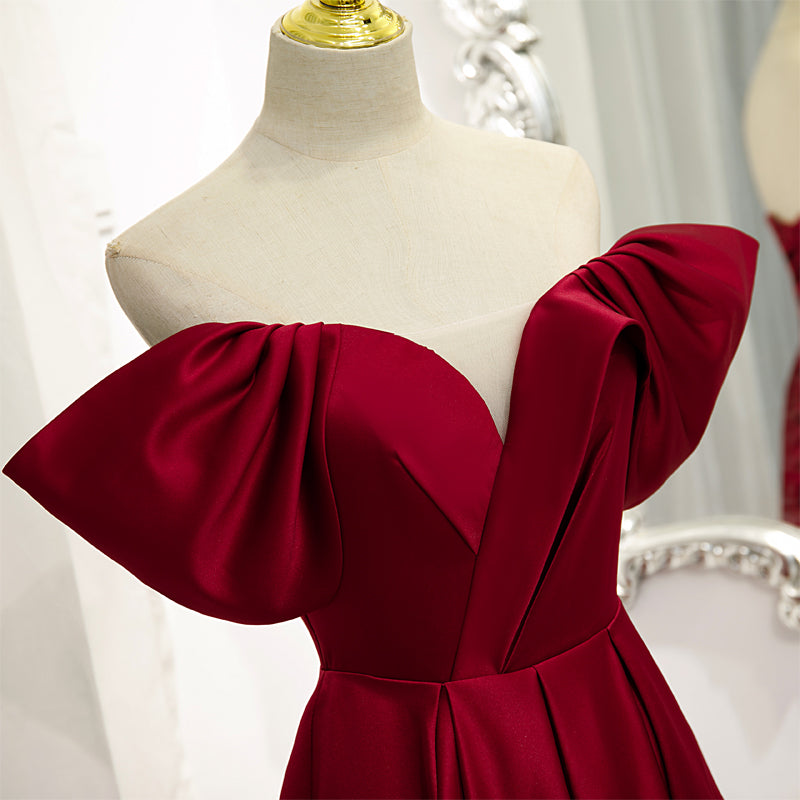 Wine Red Satin A-line Floor Length Party Dresses