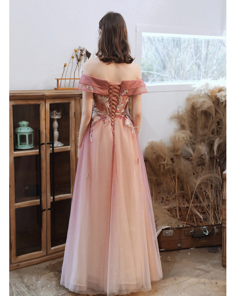 Gradient Pink Off Shoulder A-line with Flowers Prom Dress