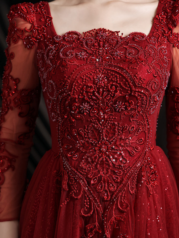 Vestido de fiesta de tul con mangas largas y espalda baja de encaje rojo vino 