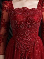 Vestido de fiesta de tul con mangas largas y espalda baja de encaje rojo vino 