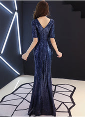 Blue Sequins Short Sleeves A-line Long Bridesmaid Dresses