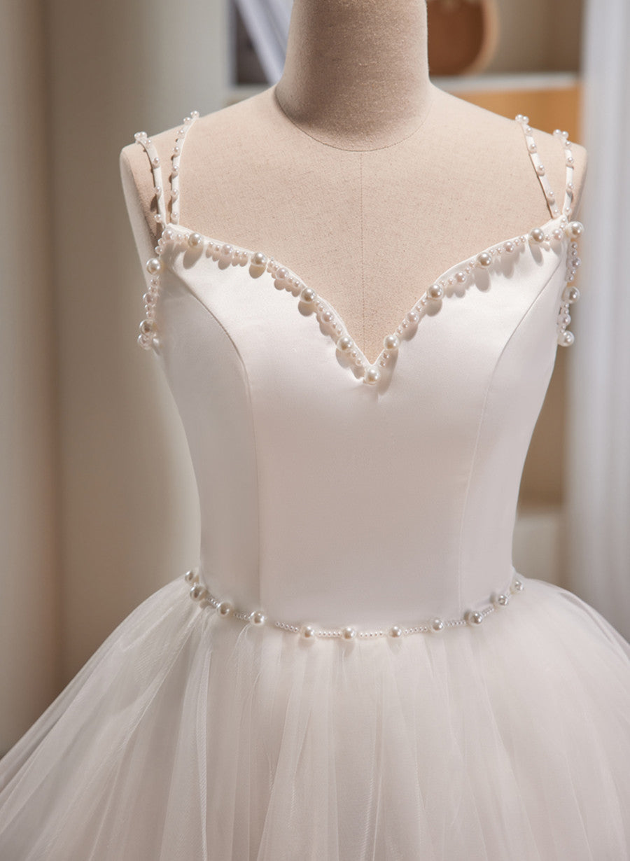 Cute White Short Tulle Beaded Graduation Dress