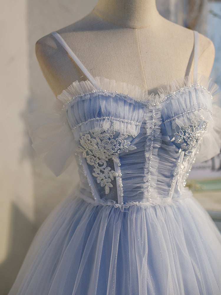 Vestidos de fiesta cortos de tul azul claro con cuentas 