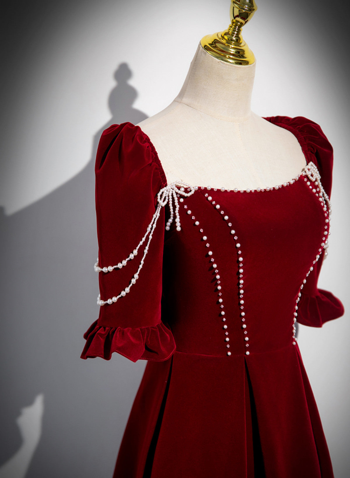 Wine Red Velvet Short Sleeves Long Prom Dress