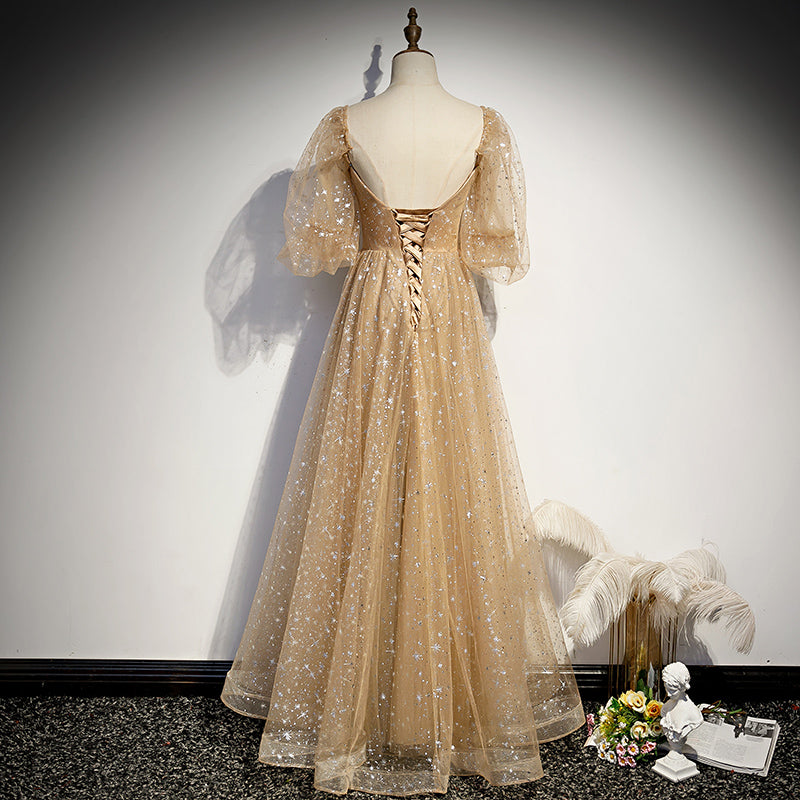 Champagne Tulle Chich Long Puffy Sleeves Party Dress Formal Dress