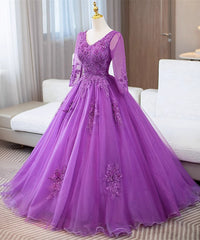 Vestido de fiesta de manga larga de tul morado con apliques de encaje 