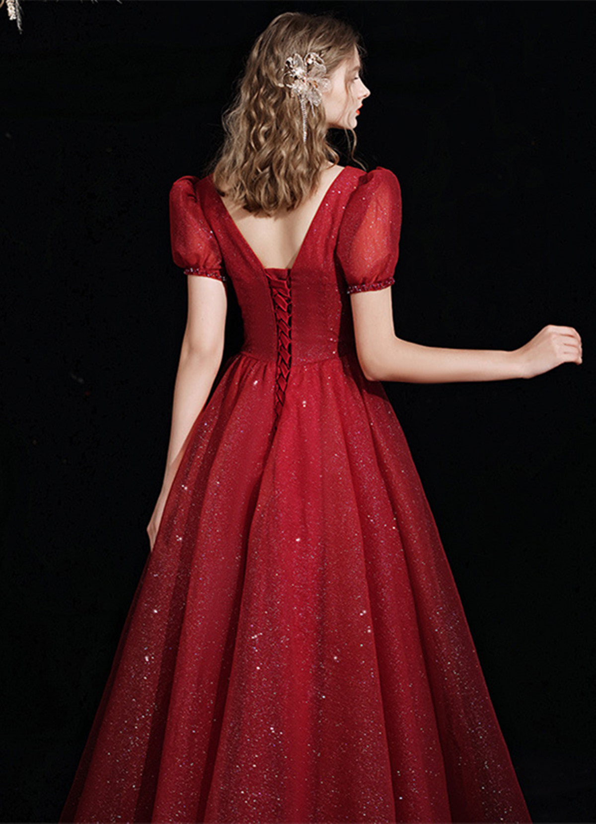 Wine Red Short Sleeves Tulle V-neckline Long Prom Dress