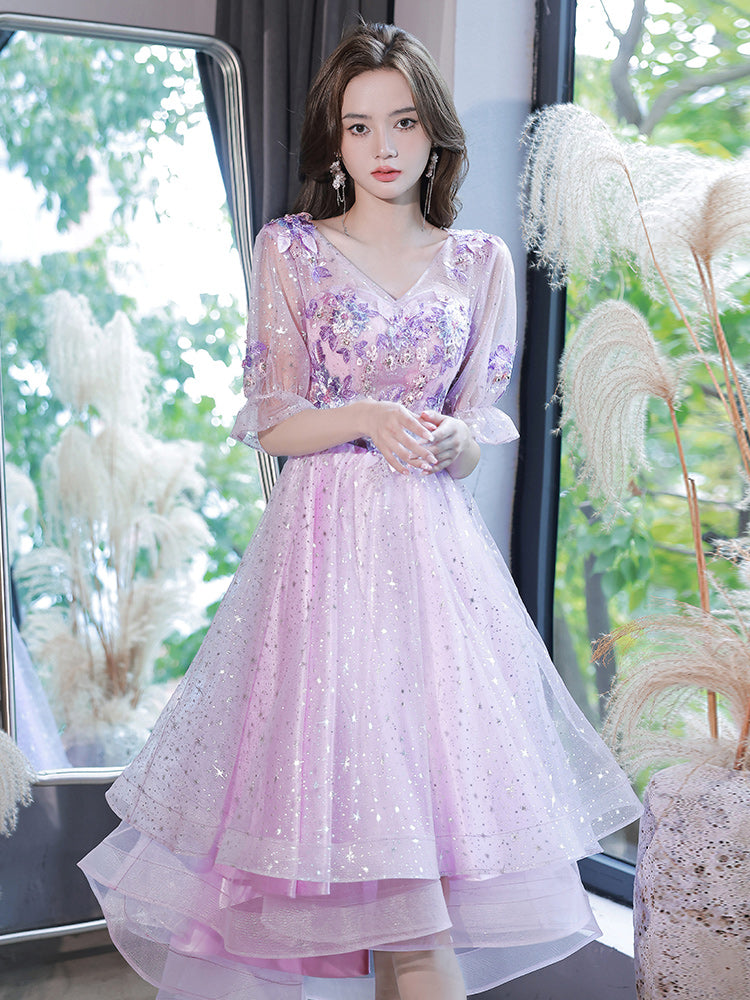 Lovely Light Purple High Low Tulle with Lace Party Dress