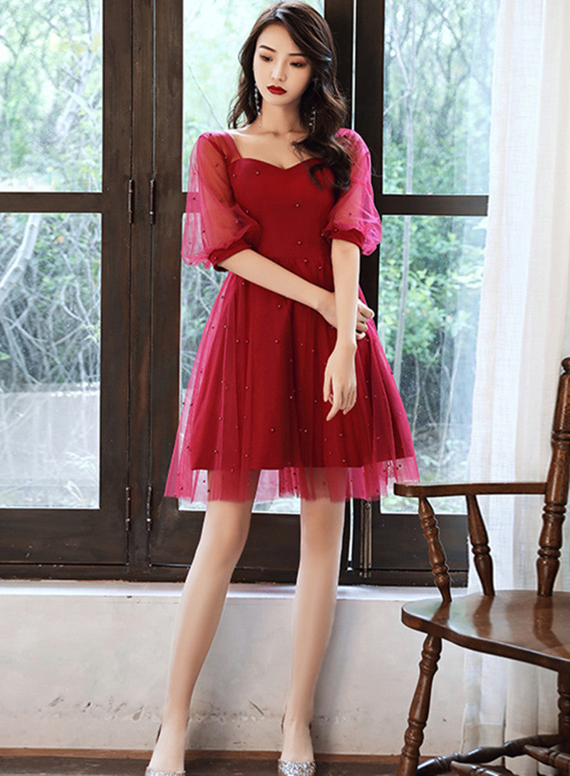 Vestido de fiesta de manga corta color rojo vino para regreso a casa 