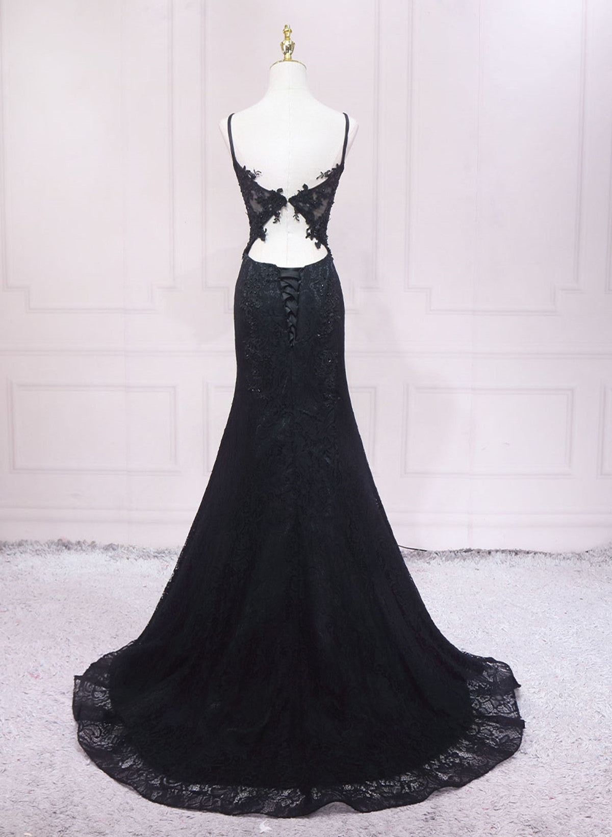 Vestido largo de fiesta con tirantes de encaje negro y vestido de graduación