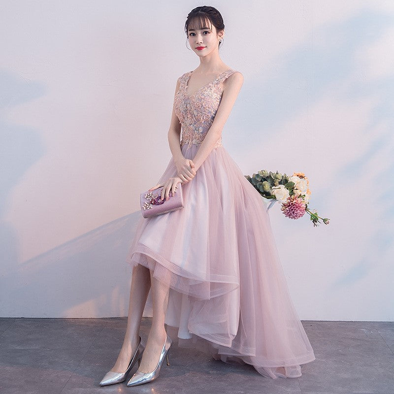 Pink V-neckline High Low Formal Dress