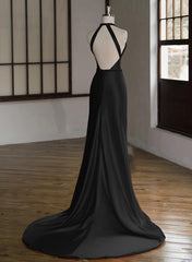 Vestido de noche largo de satén negro con cuello halter y espalda baja 