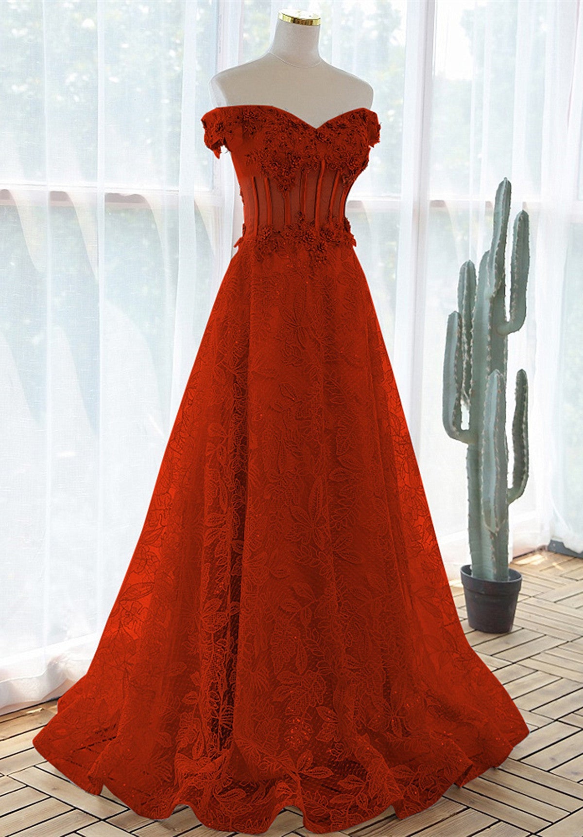 A-line Red Lace Off Shoulder Sweetheart Prom Dress