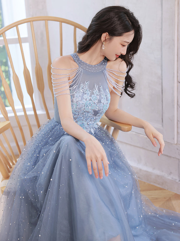 Blue Beaded and Lace Applique Long Party Dress