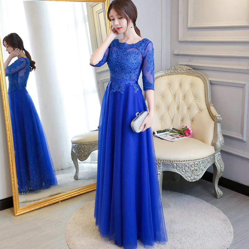 Blue Lace and Tulle 1/2 Sleeves Long A-line Bridesmaid Dress