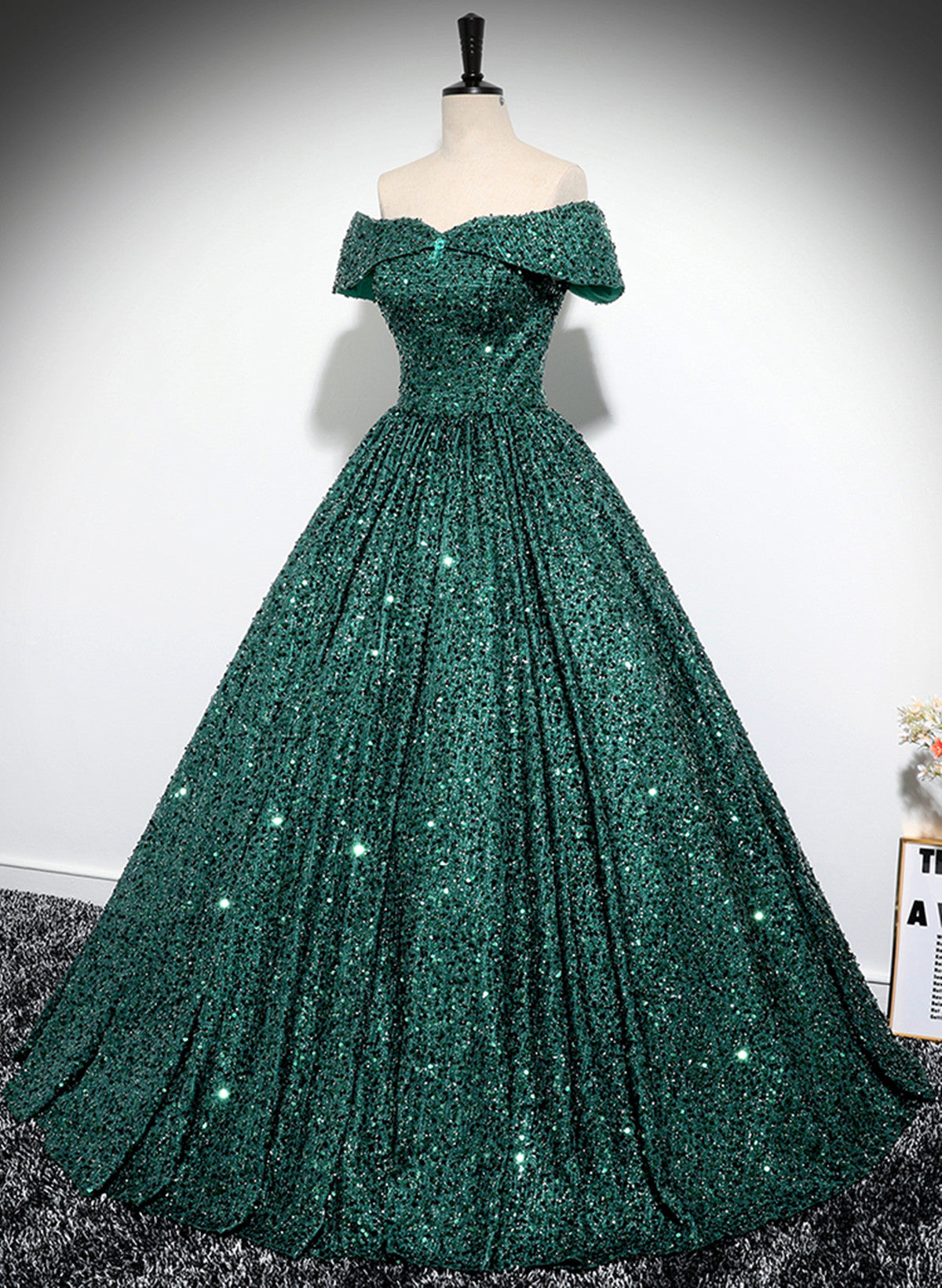 Dark Green Sequins Off Shoulder Ball Gown Prom Dress