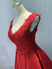 Red Satin V-neckline Floor Length Prom Dress