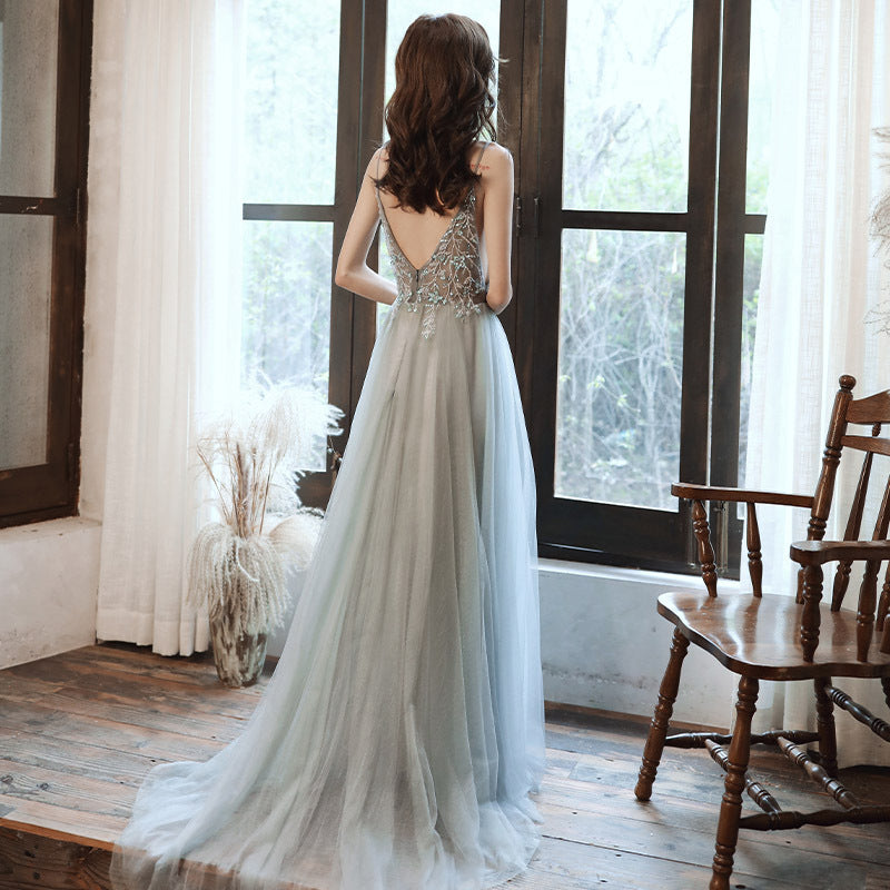 Beautiful Grey V-neckline Straps Beaded Slit Long Prom Dress