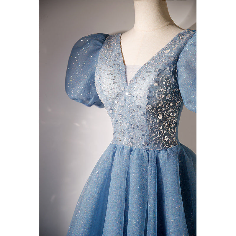 Blue Beaded Tulle Short Sleeves Formal Dresses
