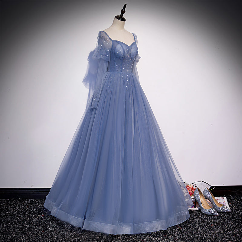 Beautiful Blue Tulle Beaded Long Formal Dress Party Dresses