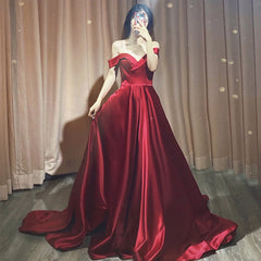 Dark Red Satin Long Prom Dresses