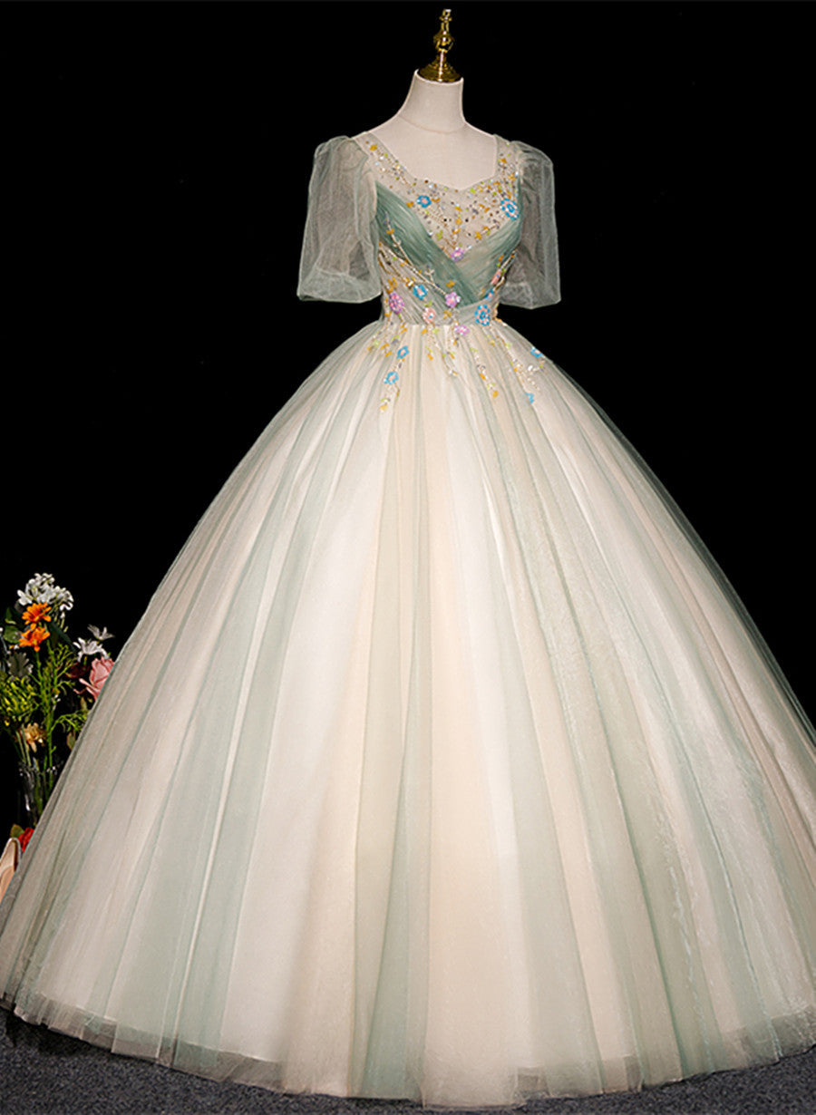 Lovely Green and Champagne Tulle Long Formal Dress
