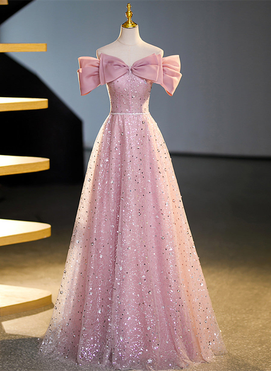 Vestido de fiesta largo de tul brillante con hombros descubiertos en rosa 