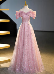 Vestido de fiesta largo de tul brillante con hombros descubiertos en rosa 