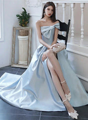Blue Satin Long Prom Dress with Bow