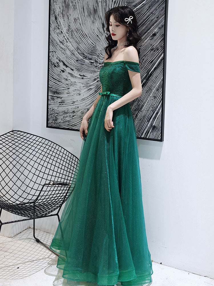 Dark Green Tulle Beaded Off Shoulder Long Party Dresses