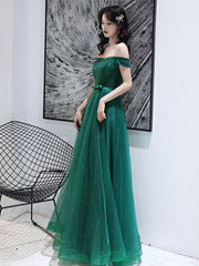 Dark Green Tulle Beaded Off Shoulder Long Party Dresses
