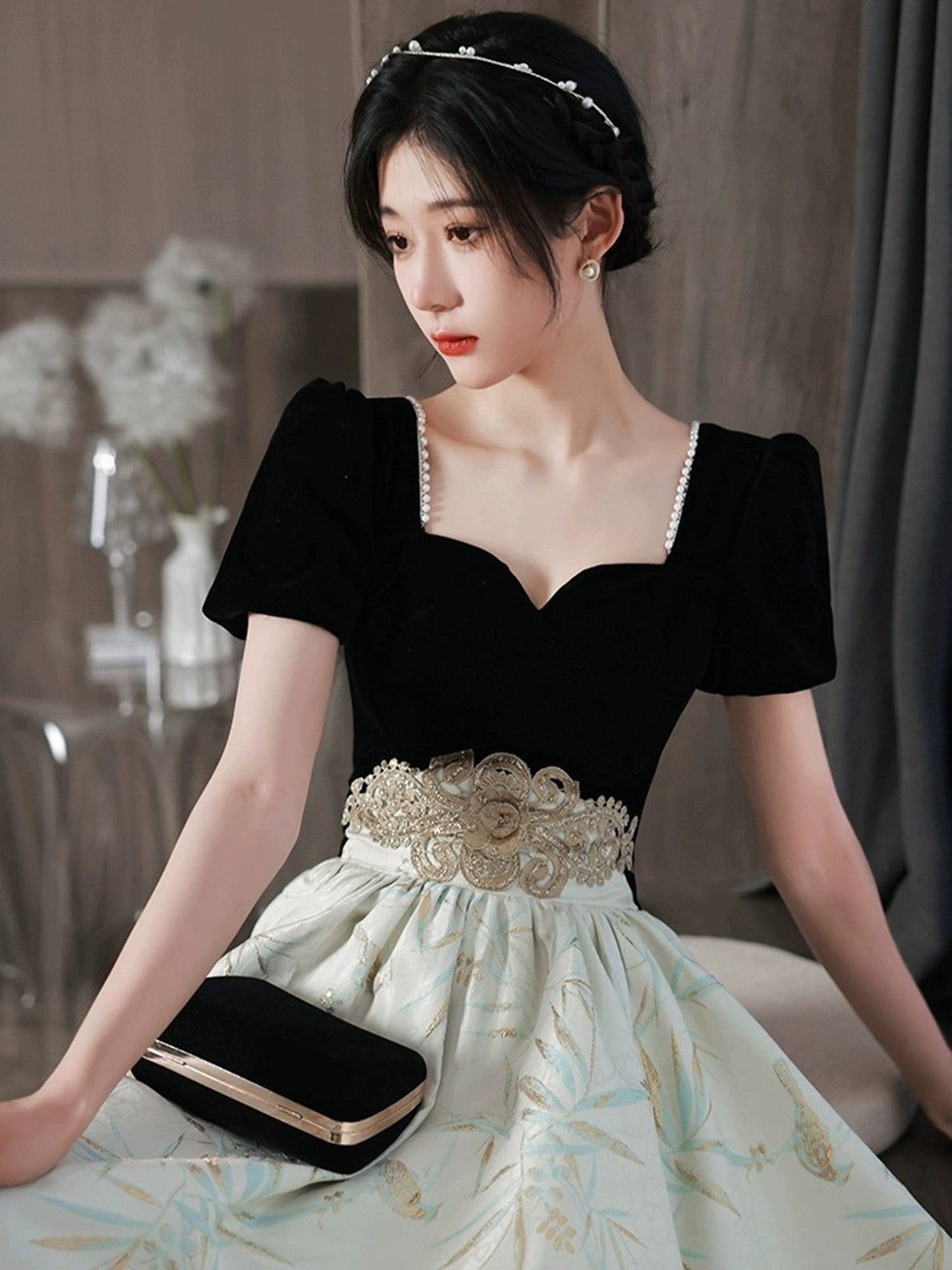 Lovely Short Sleeves Satin and Velvet Party Dress