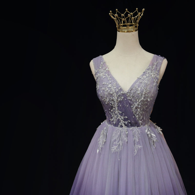 Vestido formal con apliques de encaje degradado de tul morado claro 