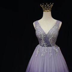 Vestido formal con apliques de encaje degradado de tul morado claro 