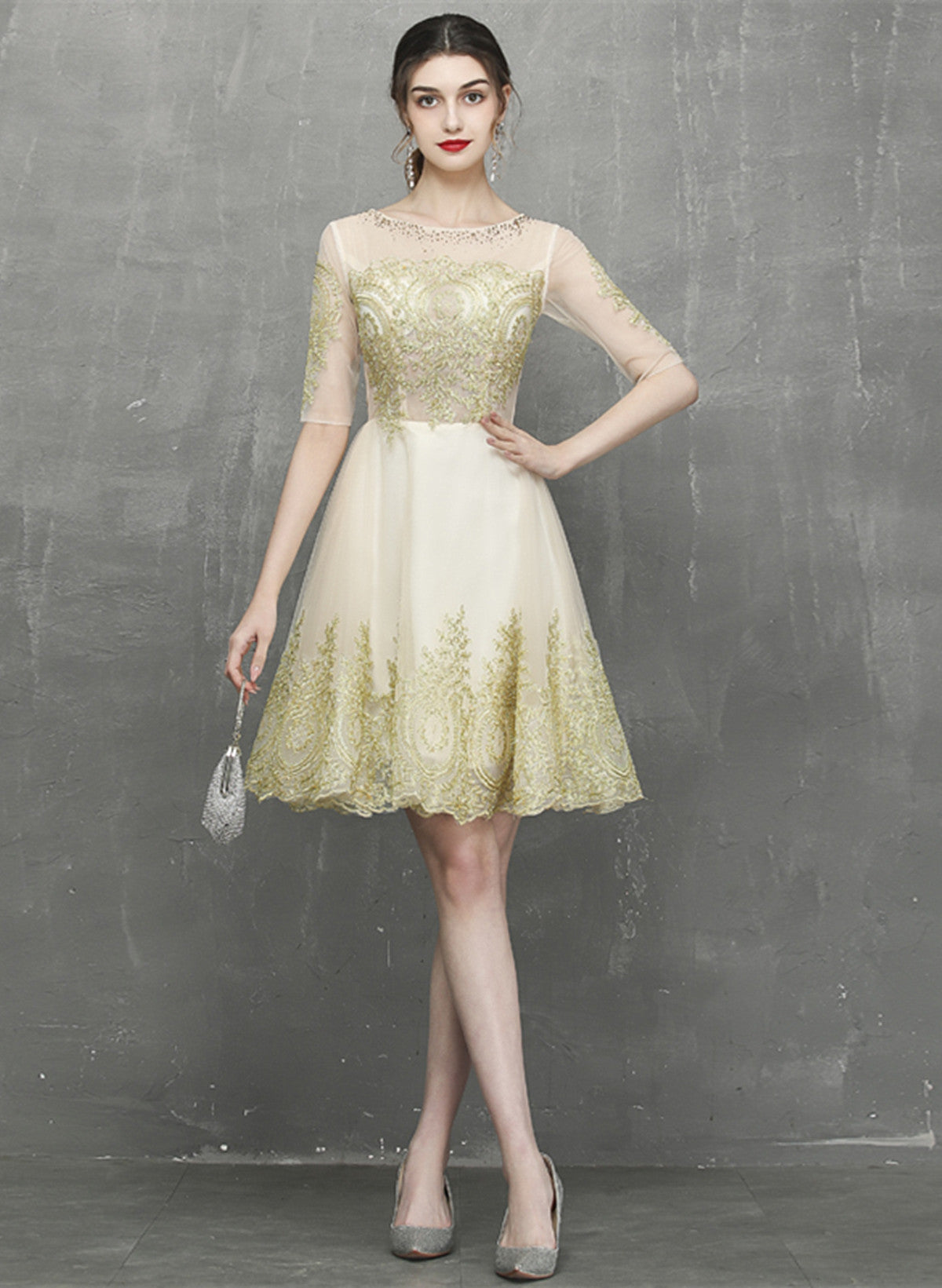Champagne Knee Length Tulle with Lace Party Dress