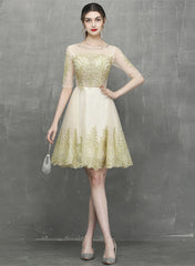 Champagne Knee Length Tulle with Lace Party Dress